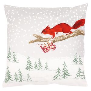 Polštář s výplní, samet. Vánoční motiv, zasněžená krajina s veverkou. 45x45 cm.